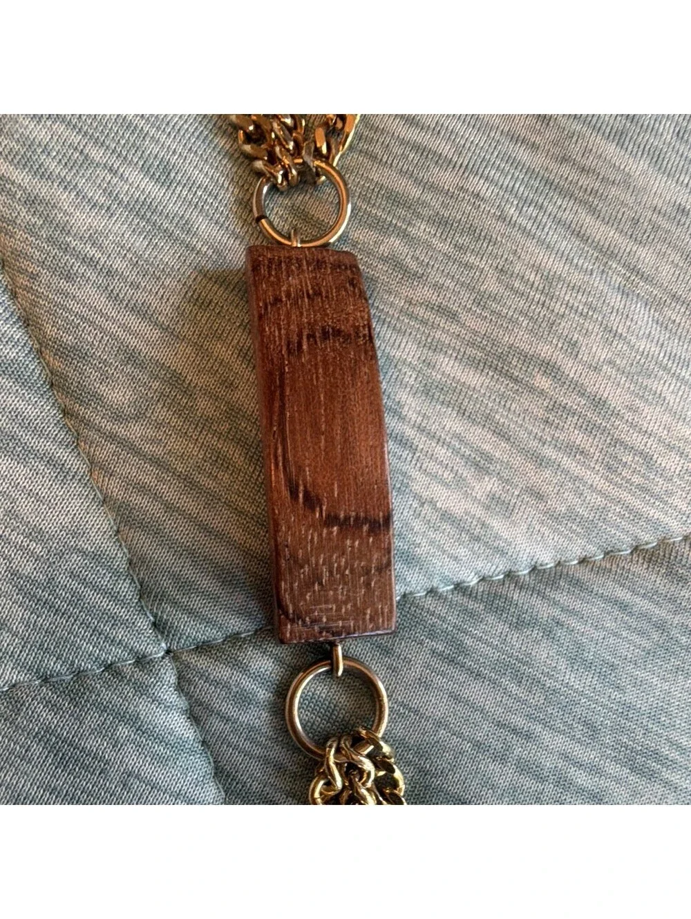 Gold Tone Multi Chain Bracelet Wood Bar Accent Toggle Clasp Boho Statement